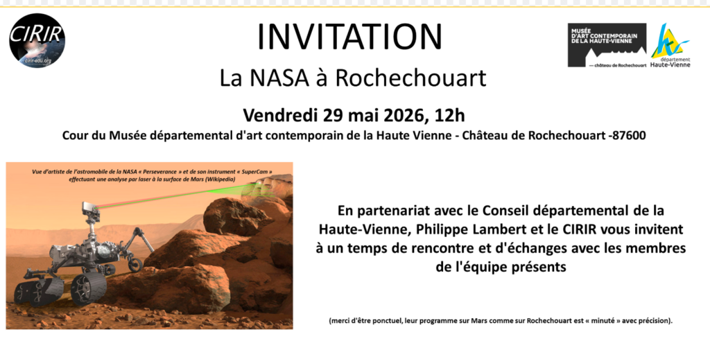 Rover Perseverance de la NASA analysant les roches du cratère Jezero sur Mars grâce à l’instrument SuperCam, illustration de la rencontre scientifique organisée à Rochechouart autour de la mission Mars 2020 et des chercheurs franco-américains travaillant sur l’exploration martienne.